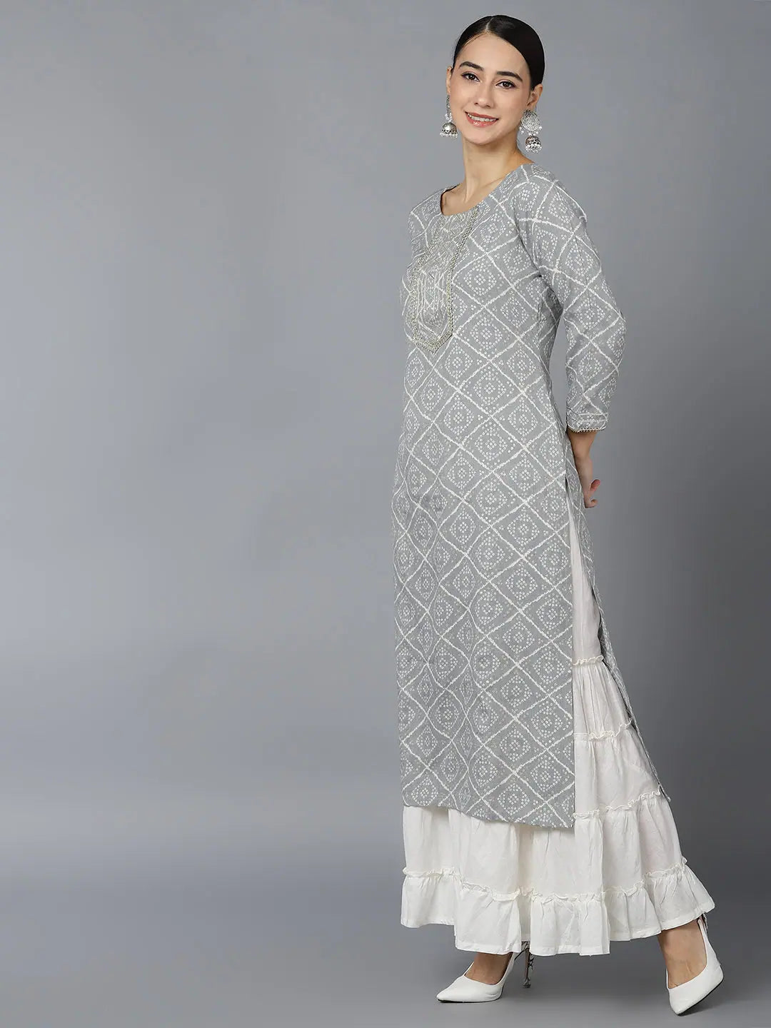 Grey Geometric Cotton Indian Kurtas for Women - DesiQlo