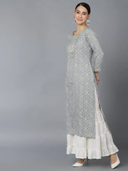 Women Grey Cotton Geometric Printed Kurtas 3