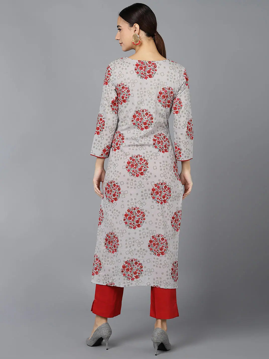 Grey Cotton Ethnic Print Kurtas - Indian Kurta Ladies Collection