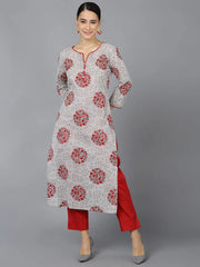 Women Grey Cotton Ethnic Motifs Printed Kurtas