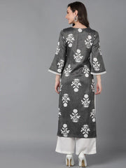 Women Grey Cotton Floral Printed Kurta