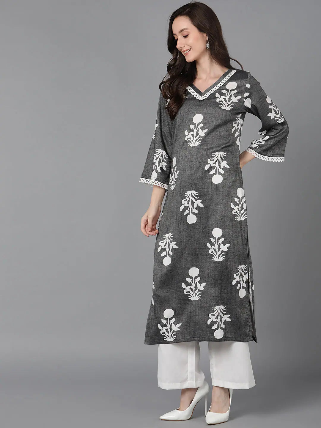 Grey Floral Cotton Kurta - Stylish Indian Kurta for Women