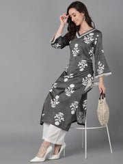 Women Grey Cotton Floral Printed Kurta
