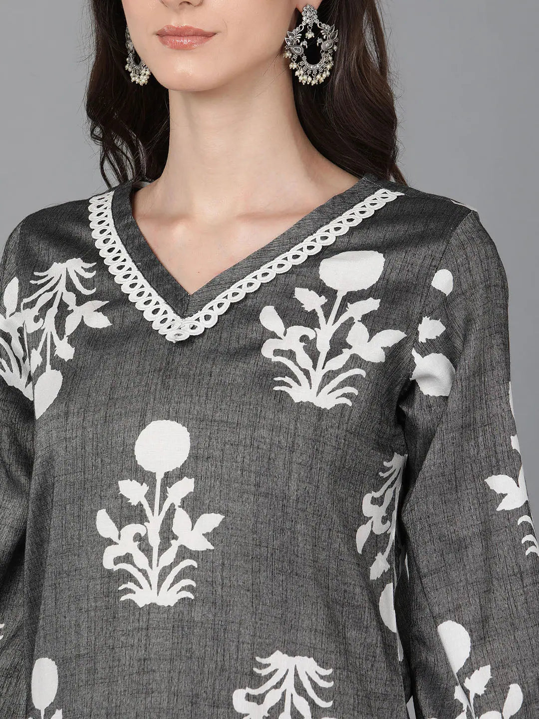 Grey Floral Cotton Kurta - Stylish Indian Kurta for Women