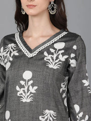 Women Grey Cotton Floral Printed Kurta