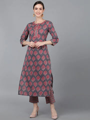Women Mauve Cotton Geometric Printed Kurta 1