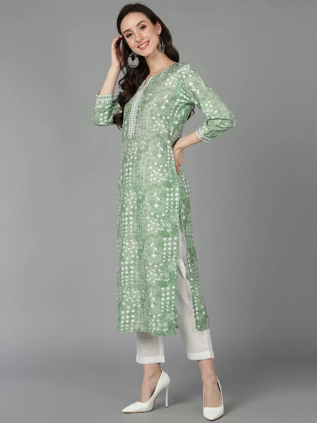 Green Silk Floral Indian Kurta - DesiQlo Exclusive!