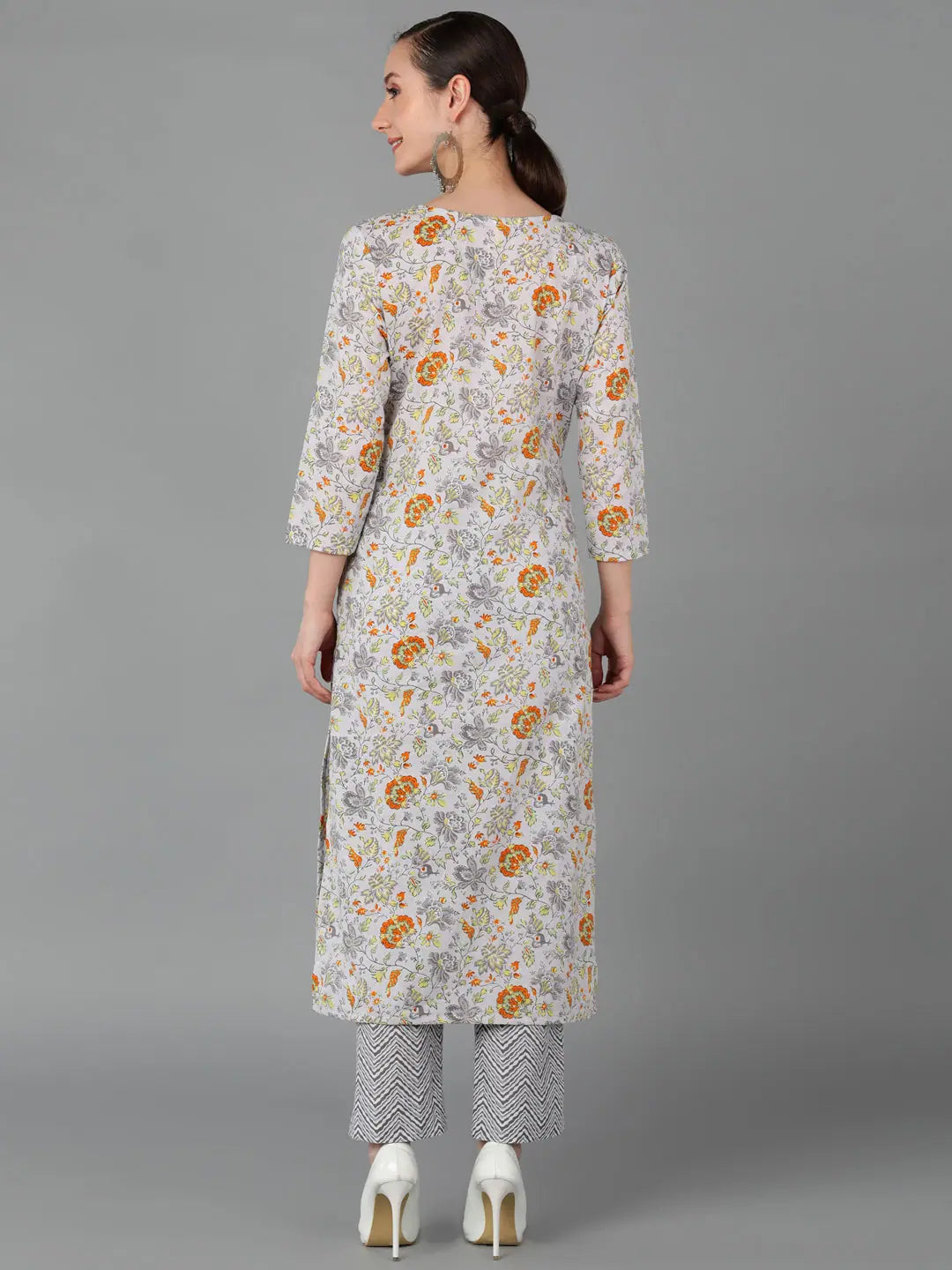 Grey Floral Cotton Indian Kurta for Ladies - Ahika Fashion