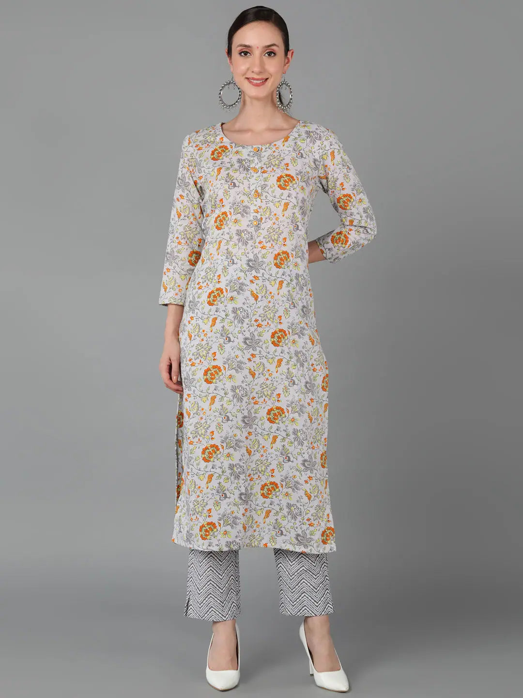 Grey Floral Cotton Indian Kurta for Ladies - Ahika Fashion