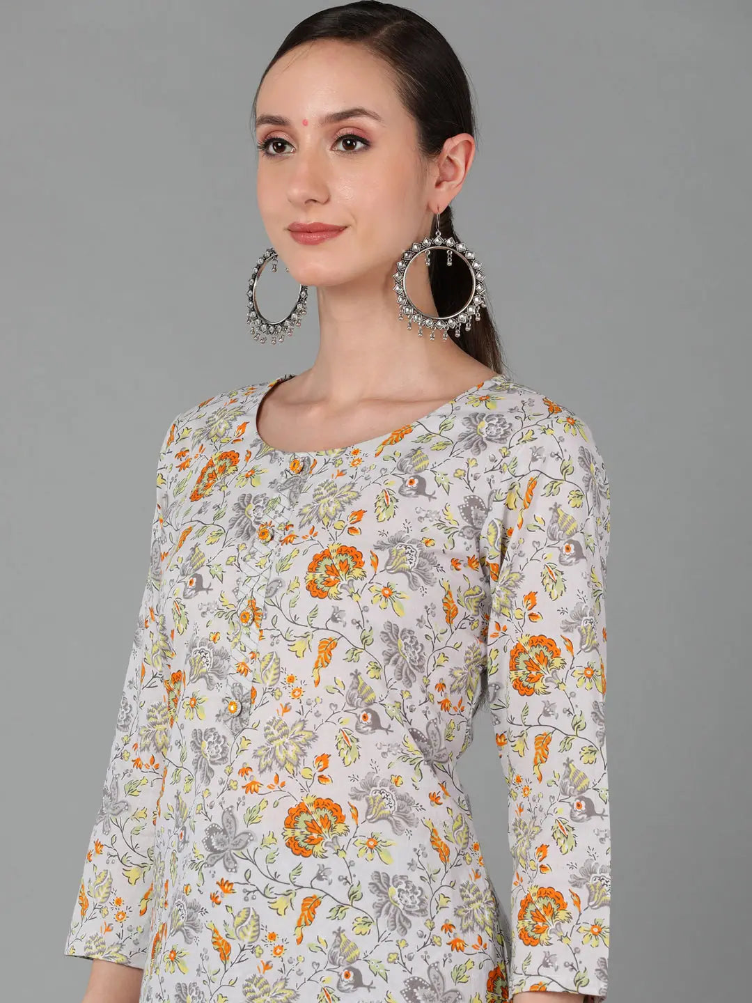 Grey Floral Cotton Indian Kurta for Ladies - Ahika Fashion