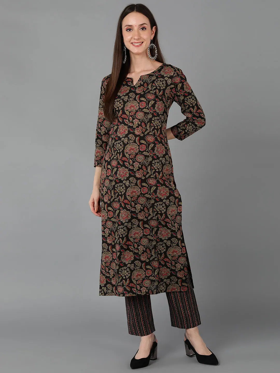 Black Floral Cotton Kurta - Stylish Indian Kurta for Ladies