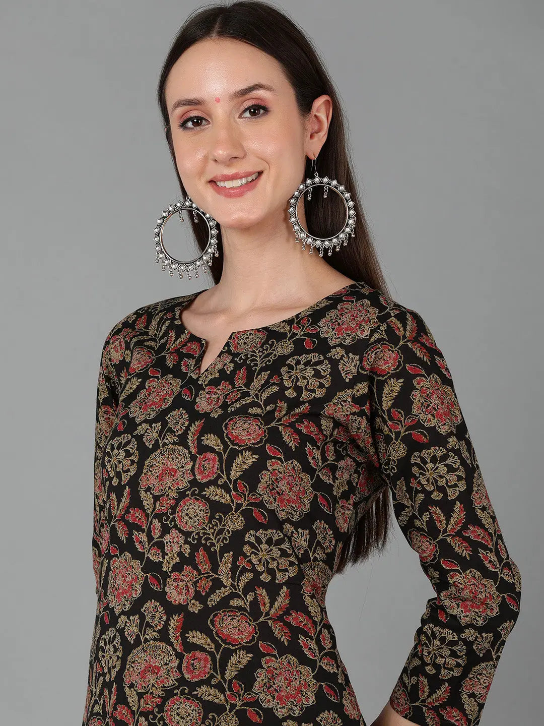 Black Floral Cotton Kurta - Stylish Indian Kurta for Ladies