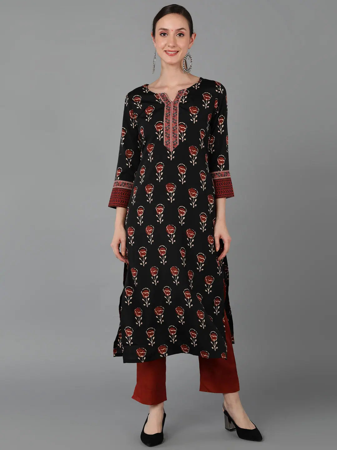 Black Floral Polyester Indian Kurta for Women - Ahika Fashion