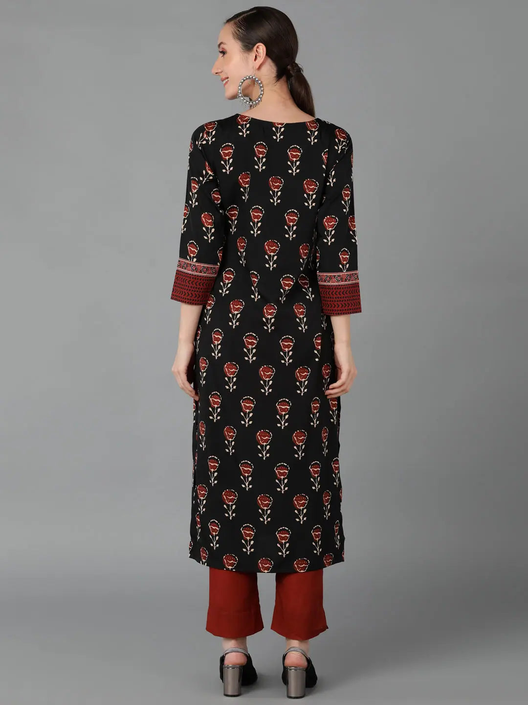 Black Floral Polyester Indian Kurta for Women - Ahika Fashion