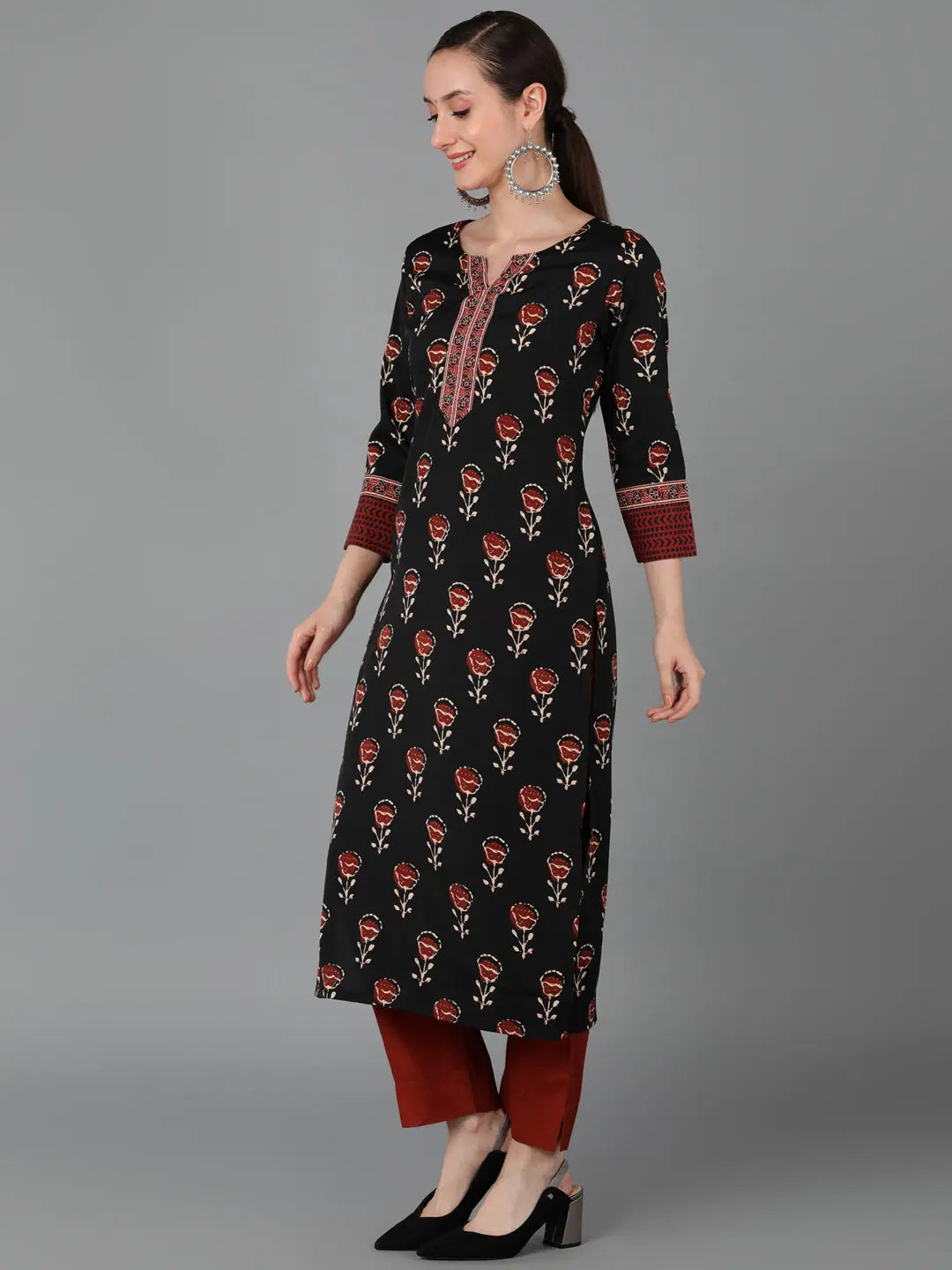 Black Floral Polyester Indian Kurta for Women - Ahika Fashion