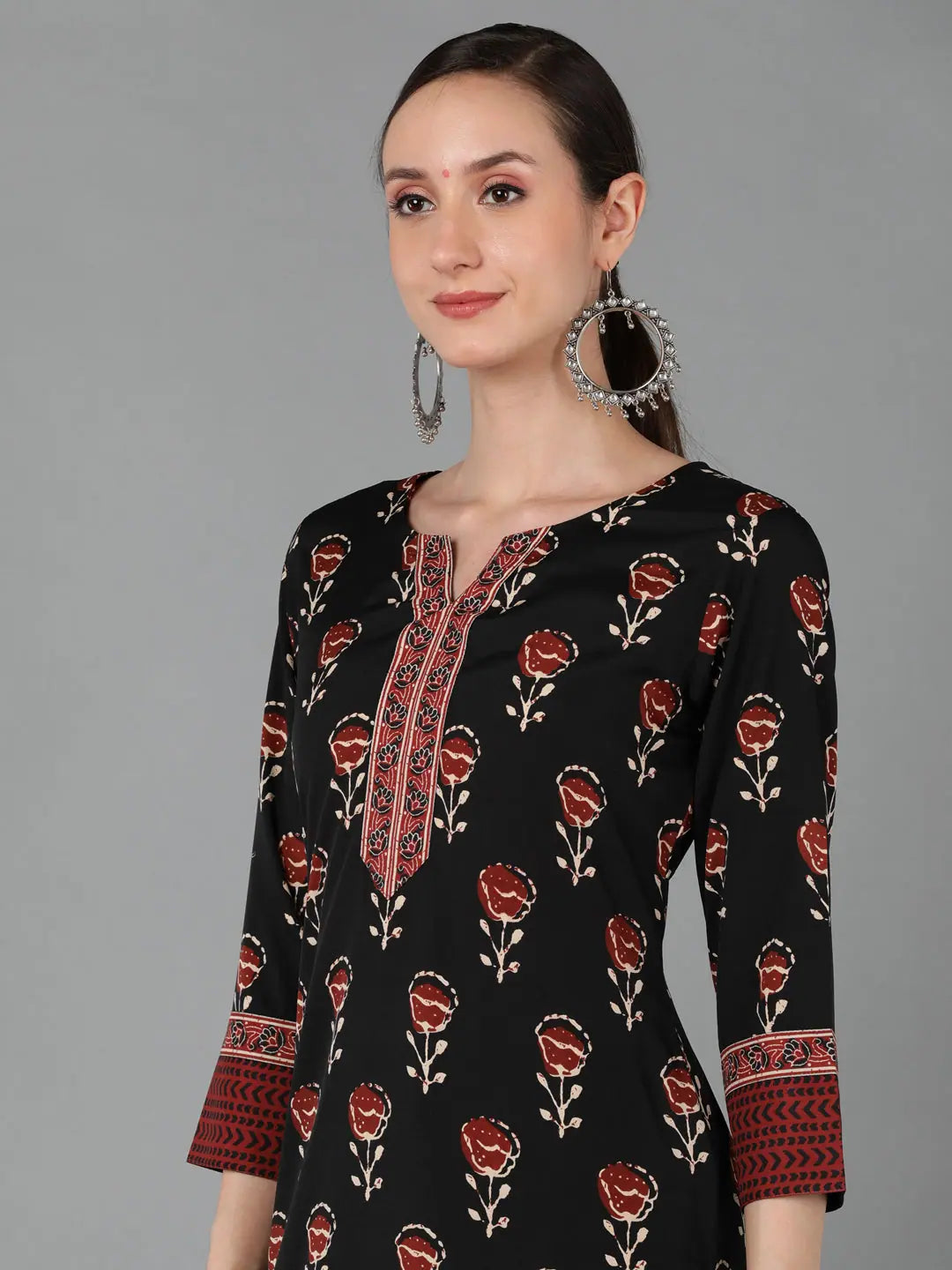 Black Floral Polyester Indian Kurta for Women - Ahika Fashion