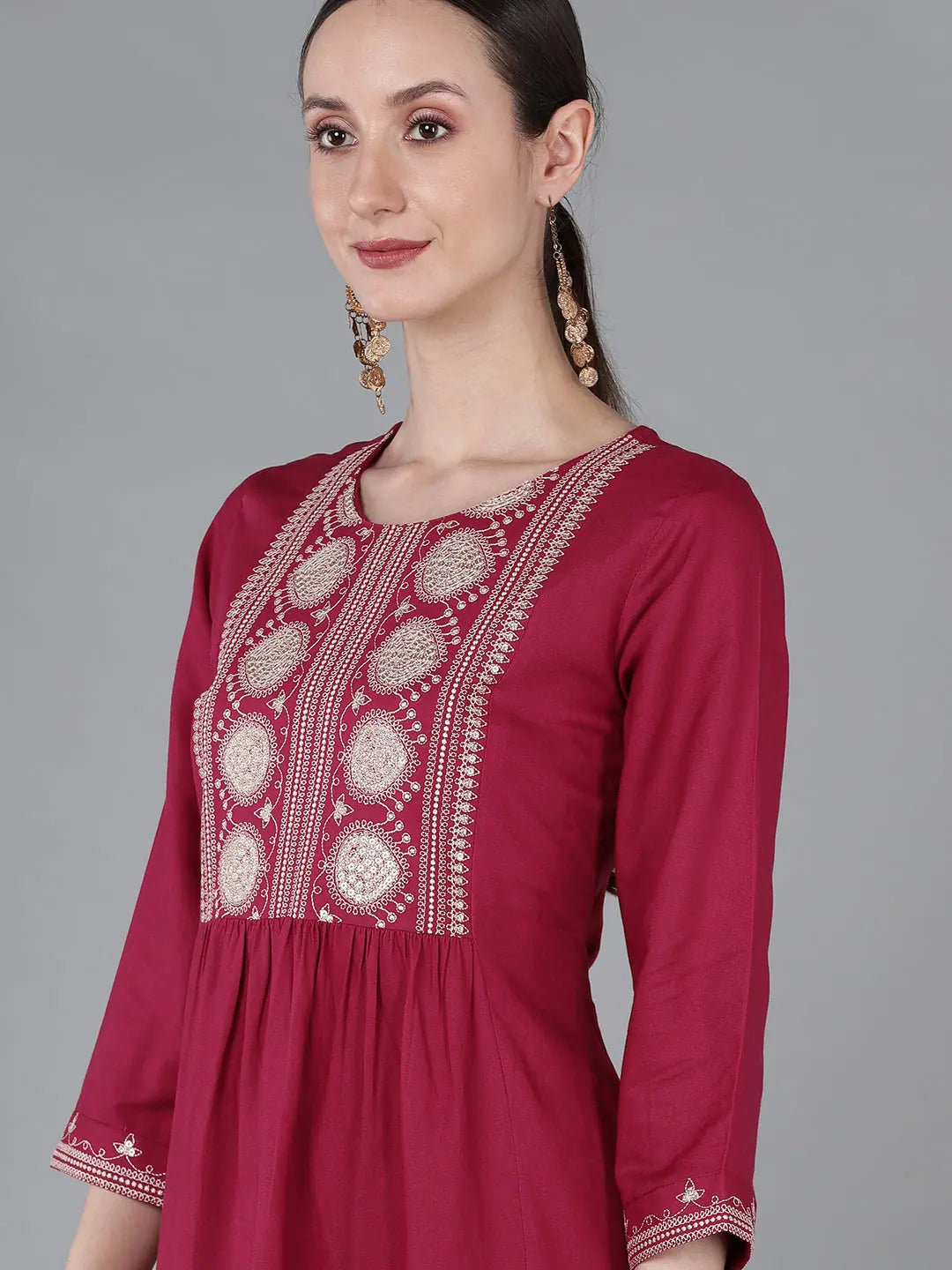 Burgundy Silk Yoke Design Indian Kurta for Women Online