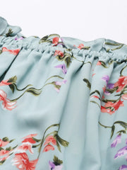 Blue Red Floral Print Off Shoulder Flounce Hem Midi Dress With Waist Tie Ups