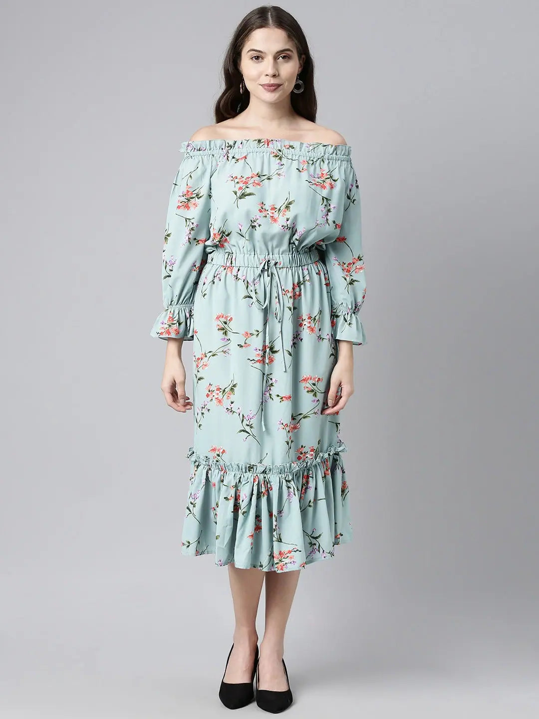 Blue Red Floral Print Off Shoulder Flounce Hem Midi Dress With Waist Tie Ups
