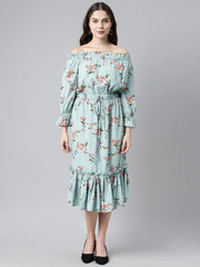 Blue Red Floral Print Off Shoulder Flounce Hem Midi Dress With Waist Tie Ups