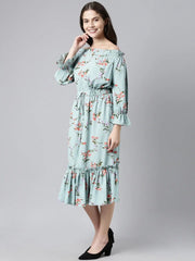 Blue Red Floral Print Off Shoulder Flounce Hem Midi Dress With Waist Tie Ups