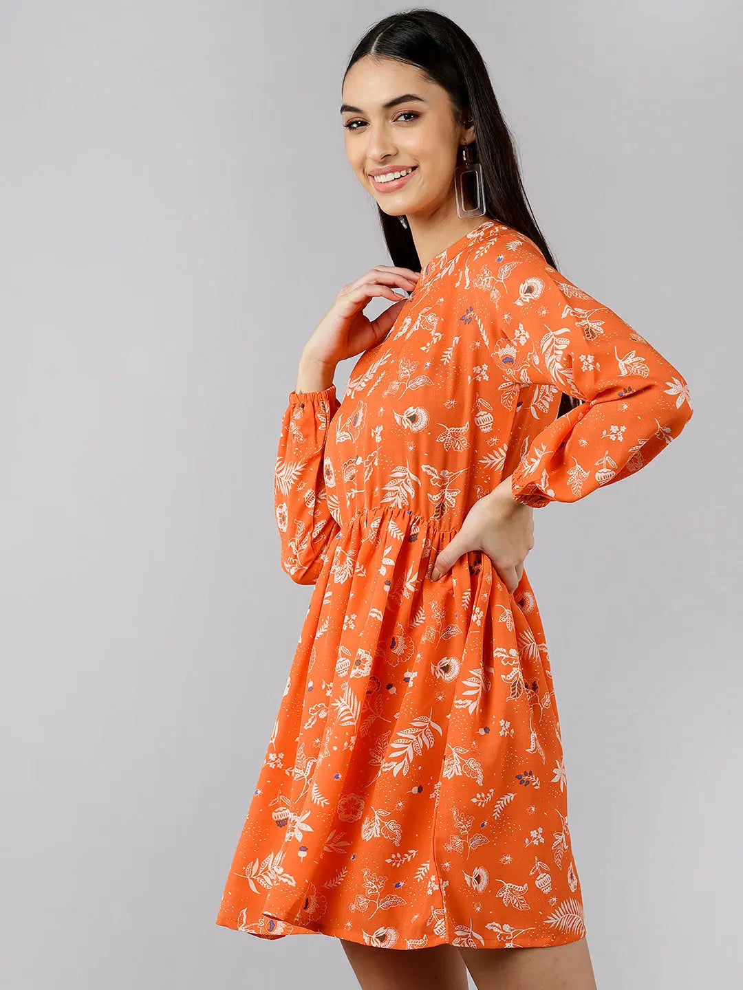 Orange Floral Printed Dress | Indian Dresses Online - DesiQlo