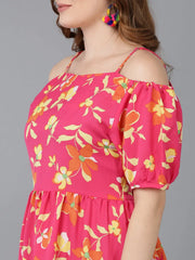 Women Coral Yellow Floral Printed Off Shoulder Fit And Flare Dress