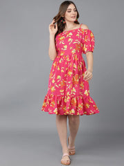 Women Coral Yellow Floral Printed Off Shoulder Fit And Flare Dress