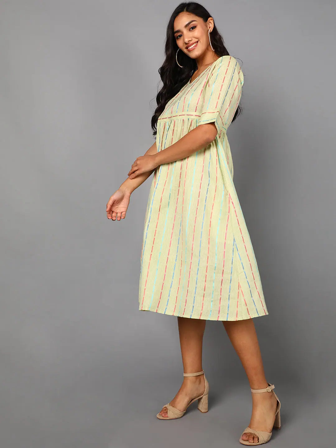 Women Cream Striped Cotton Dress 1 | Indian Cotton Dresses Women Cream Striped Cotton Dress 1 | Indian Cotton Dresses