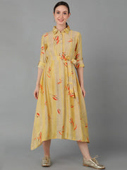 Women Yellow Polyester Striped Dresses