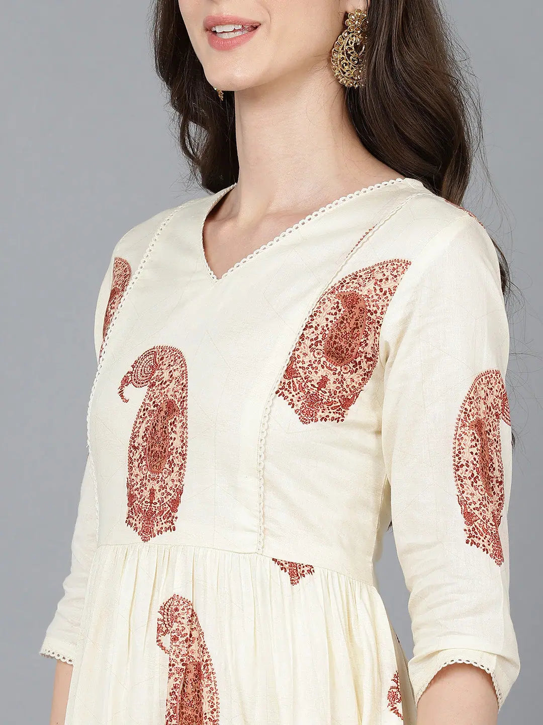 Cream Cotton Ethnic Motif Dresses | Indian Dresses Online