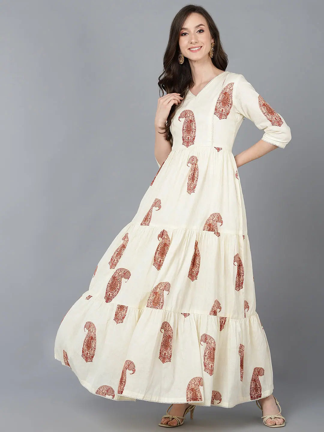 Cream Cotton Ethnic Motif Dresses | Indian Dresses Online