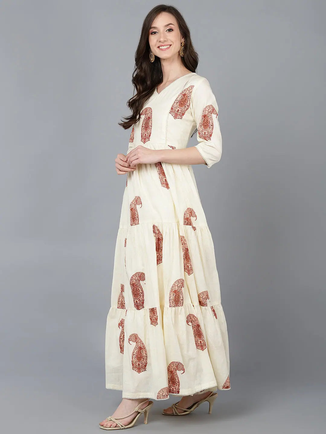 Cream Cotton Ethnic Motif Dresses | Indian Dresses Online