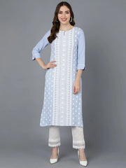 Women Blue Silk Embroidered Kurta