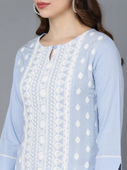 Women Blue Silk Embroidered Kurta