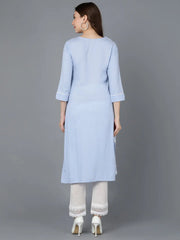 Women Blue Silk Embroidered Kurta