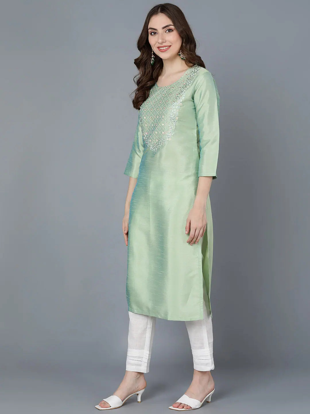 Sea Green Embroidered Silk Kurta - Women's Indian Kurta