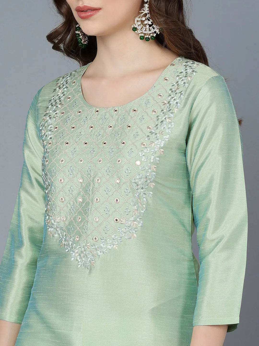Women Sea Green Silk Embroidered Kurta
