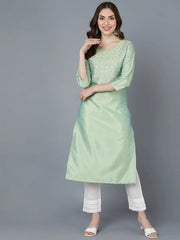 Women Sea Green Silk Embroidered Kurta