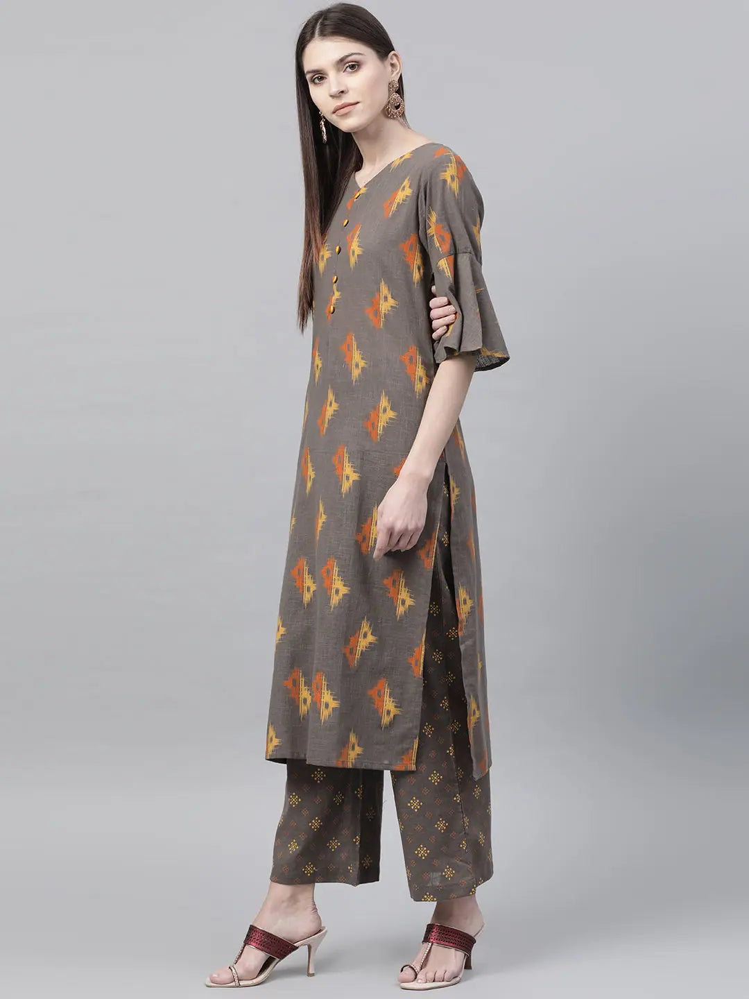 Dark Brown Printed Kurta Palazzo Set | Casual Indian Kurtis
