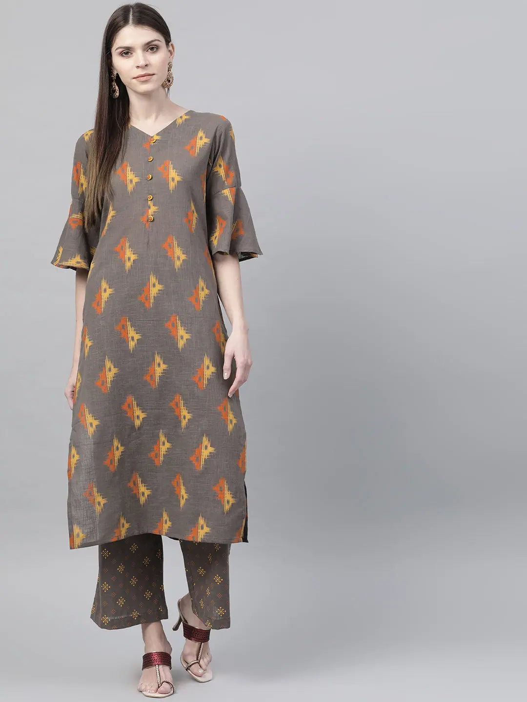 Dark Brown Printed Kurta Palazzo Set | Casual Indian Kurtis