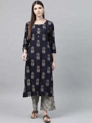 Women Regular Wear Cotton Fabric Printed Navy Blue Color Simple Kurta And Palazzo Set