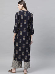 Women Regular Wear Cotton Fabric Printed Navy Blue Color Simple Kurta And Palazzo Set