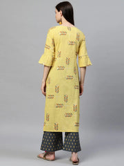 Women Regular Wear Cotton Fabric Printed Light Yellow Color Simple Kurta And Palazzo