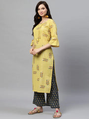 Women Regular Wear Cotton Fabric Printed Light Yellow Color Simple Kurta And Palazzo