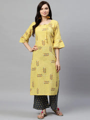 Women Regular Wear Cotton Fabric Printed Light Yellow Color Simple Kurta And Palazzo