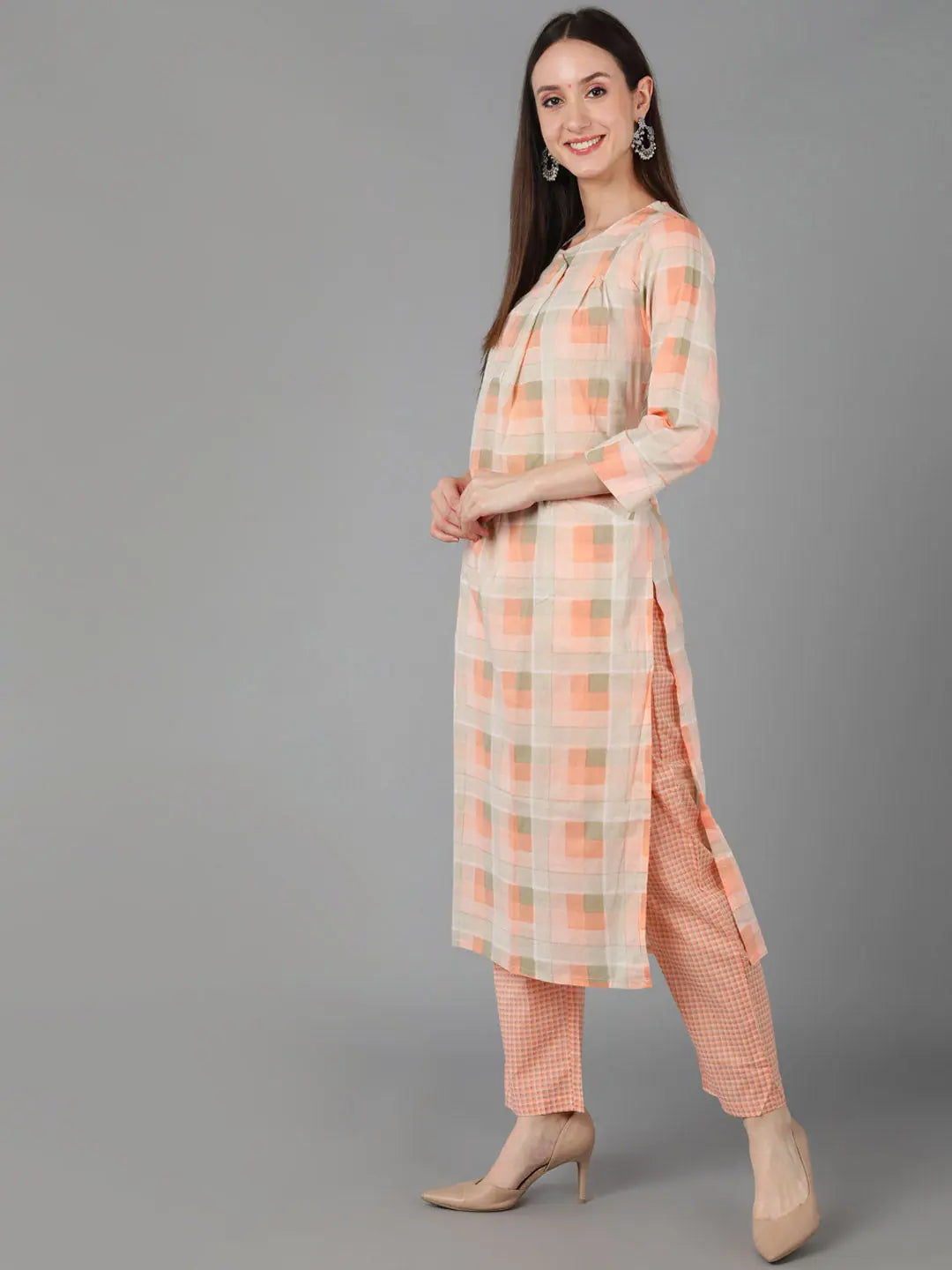 Peach Cotton Printed Kurta Set | Women's Indian Kurta Sets