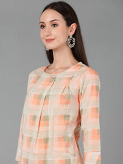 Women Peach Pure Cotton Printed Kurta Trousers