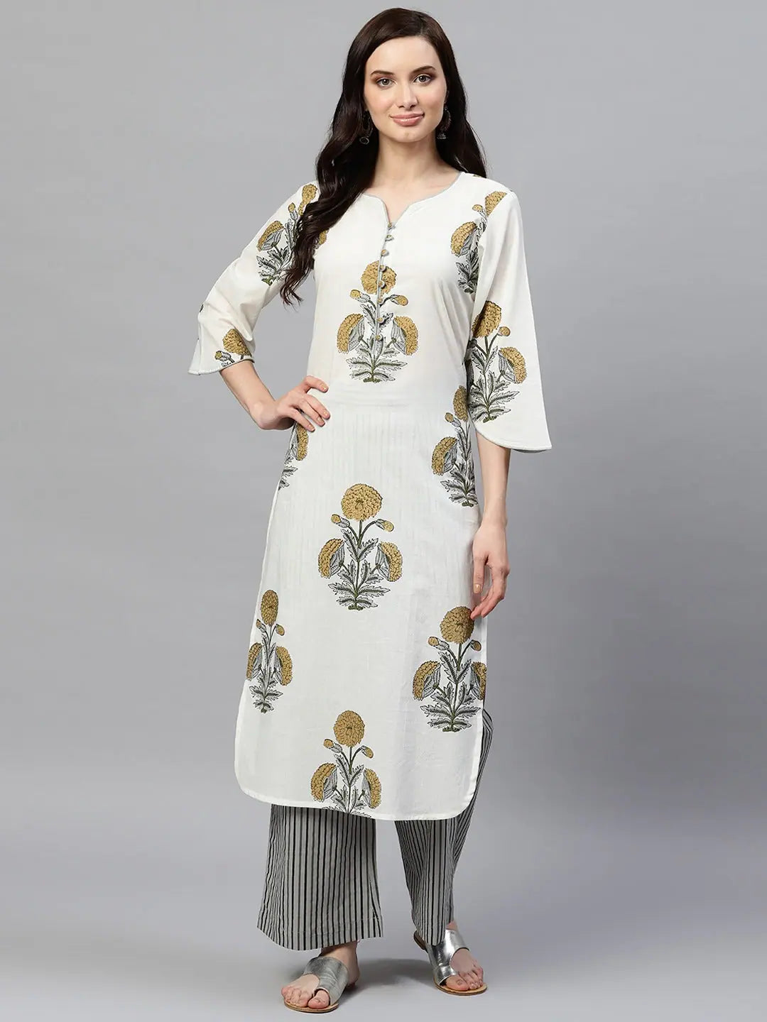 Off White Cotton Kurta Palazzo Set | Indian Kurta Ladies