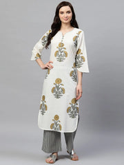 Women Off White Color Function Wear Cotton Fabric Printed Fancy Kurta And Palazzo Set